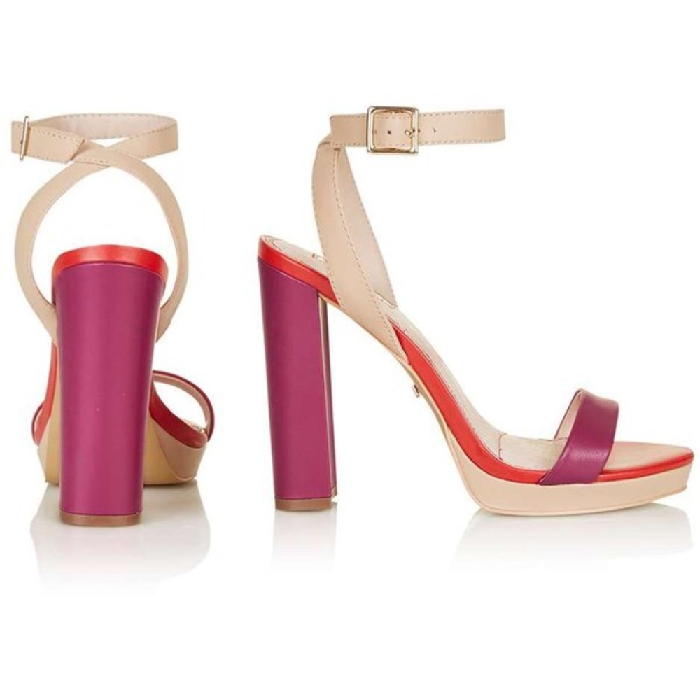 Topshop Beige Ankle-Strap Sandals with Pink and Red Accents